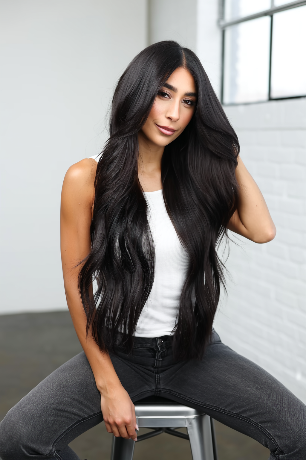 Model with long #1B off-black Lushe Hair Co. extensions styled in soft waves
