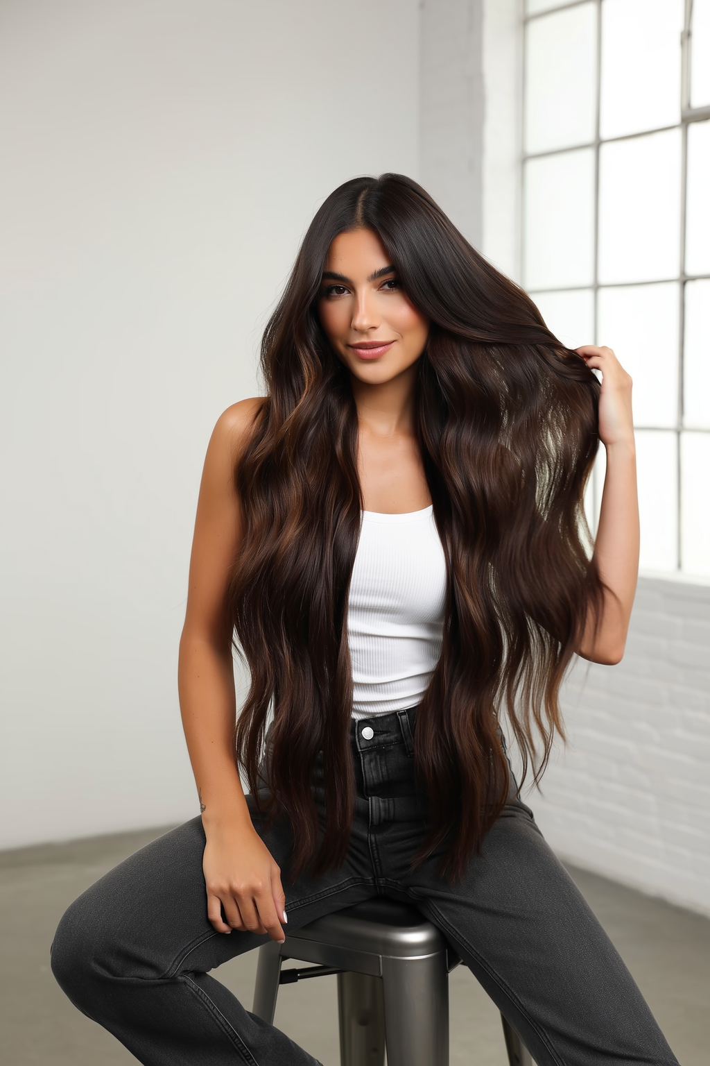 Model with long #2 dark chocolate brown Lushe Hair Co. extensions in soft waves