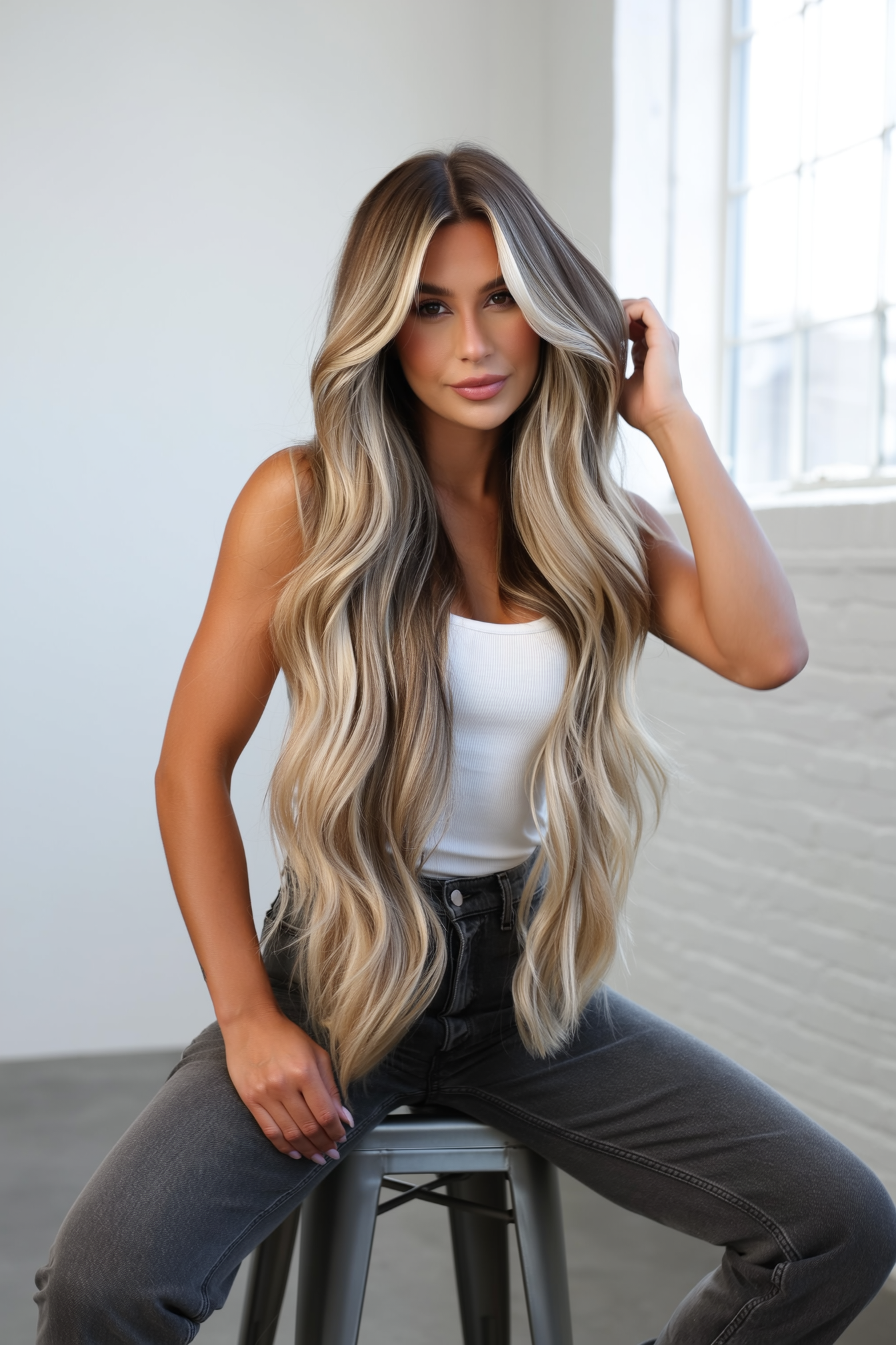 Model with long #p18A/613 dimensional beige blonde Lushe Hair Co. extensions
