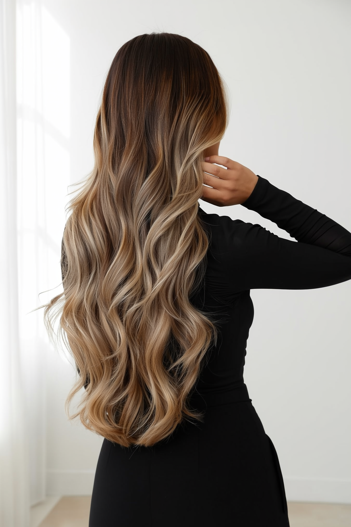 Model with long #t4/p4/18 rooted bronde balayage Lushe Hair Co. extensions, back view